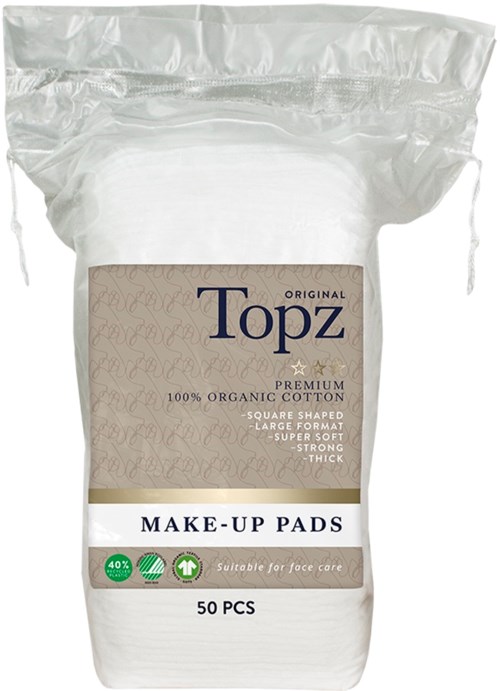 Ett paket med 50 makeuppads från Topz av 100 % ekologisk bomull, mjuka, tjocka och passar för ansiktsvård.