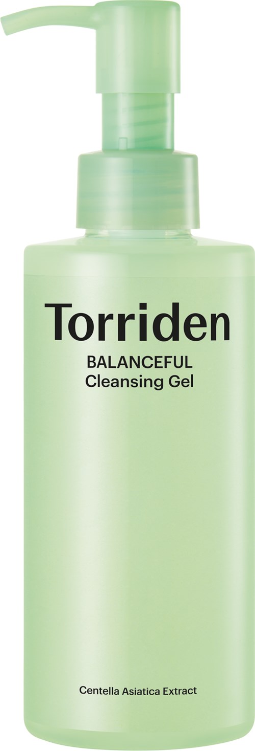 A light green bottle with a pump contains Torriden Balanceful Cleansing Gel, with a label mentioning Centella Asiatica Extract.