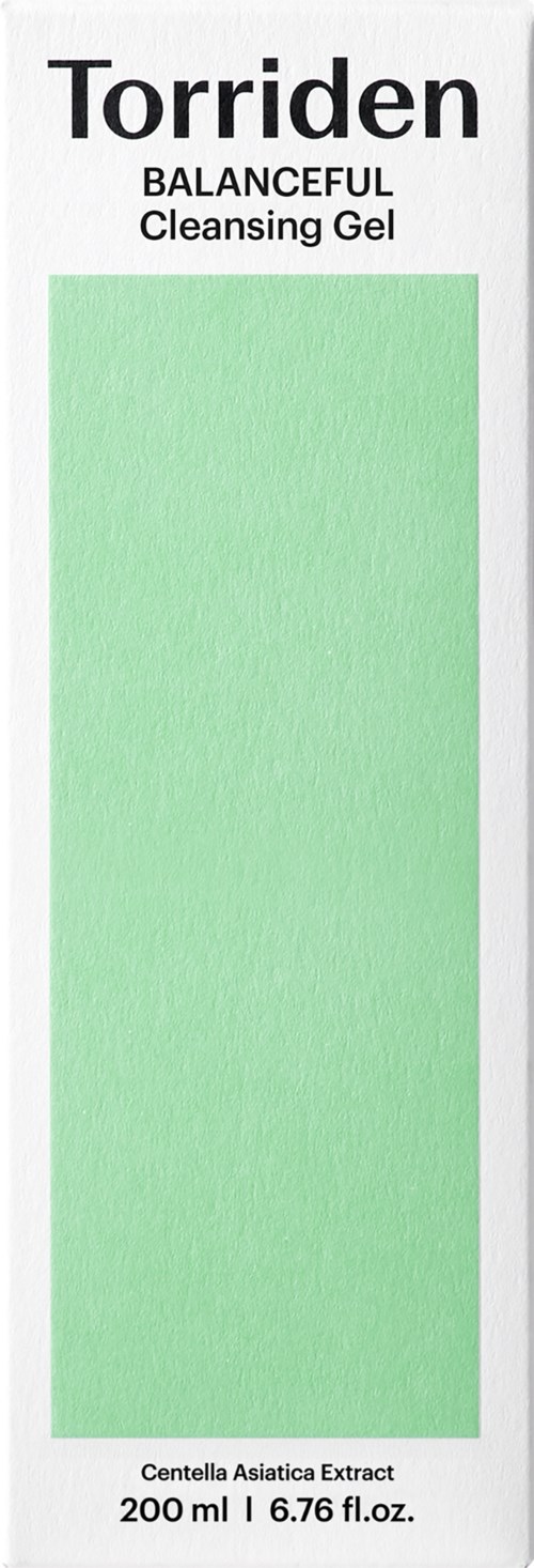 A skincare product in a white box with green gel inside, labeled 'Torriden Balanceful Cleansing Gel'.