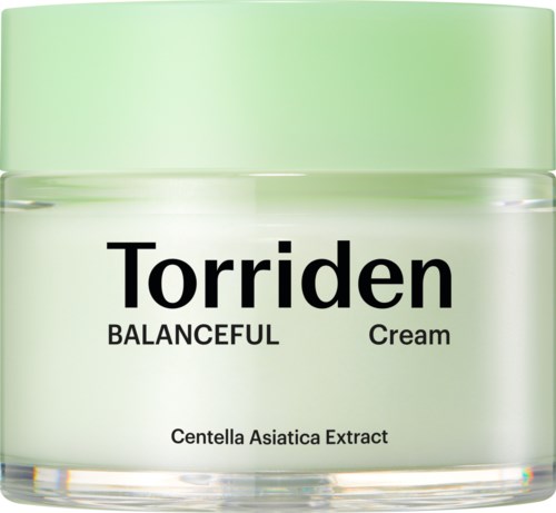 Een lichtgroene pot met het label Torriden Balanceful Cream met Centella Asiatica-extract.