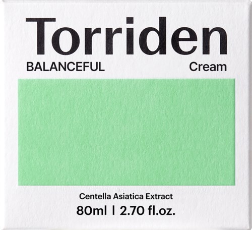 Een huidverzorgingsproduct genaamd Torrido, gelabeld als BALANCEFUL Cream met Centella Asiatica Extract, 80ml. Felgroen gekleurd vlak.