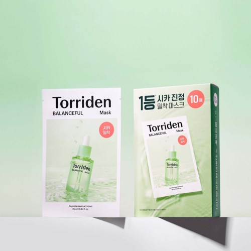 Verpackung und Broschüre des Torriden Balanceful Gesichtsmaske mit grünem und weißem Design.