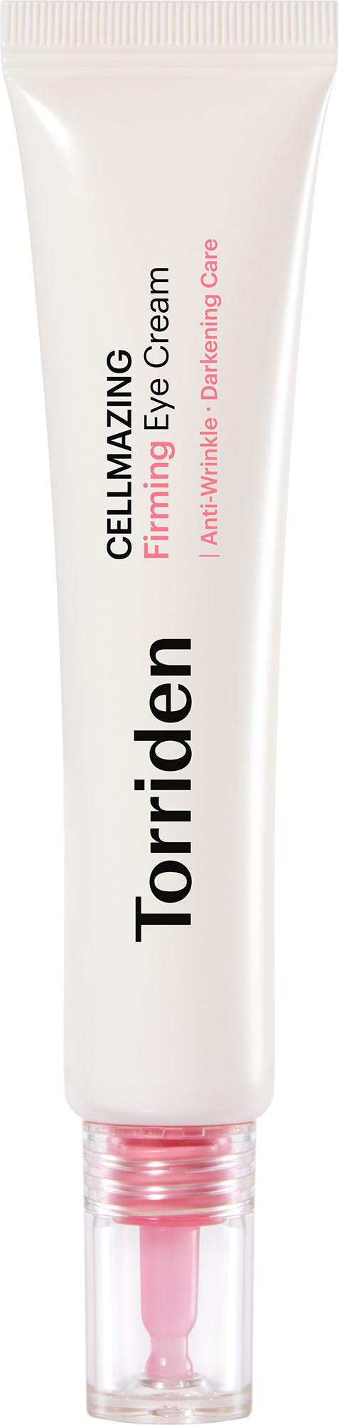 En hvit tube med øyekrem med rosa detaljer og gjennomsiktig hette, merket Torriden Cellmazing Firming Eye Cream.
