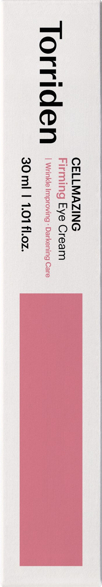 Etikett for en hudpleieprodukt kalt Torfiden, en cellefornyende fastende øyekrem i en hvit og rosa tube.