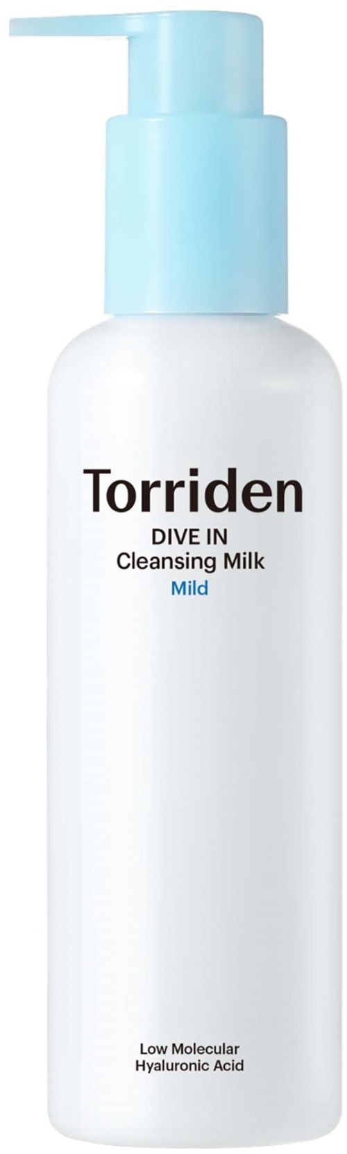 En vit flaska med ljusblå pump, märkt Torriden Dive In Cleansing Milk Mild.
