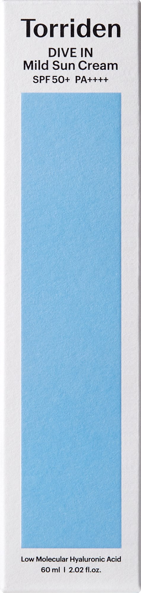 En vertikal boks med blå og hvit farge, merket 'Torriden', solkrem, SPF 50+, PA++++, og hudpleieinformasjon.