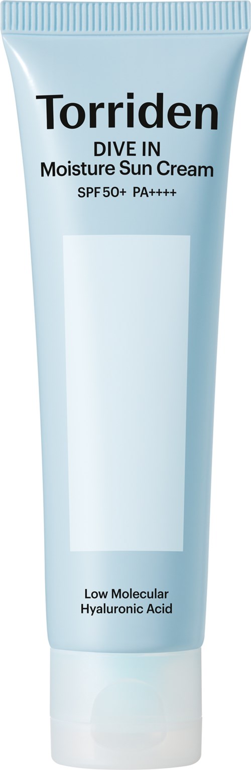 En lys blå tube med solkrem og svart tekst, merket Torriden Dive In Moisture Sun Cream, SPF50+.