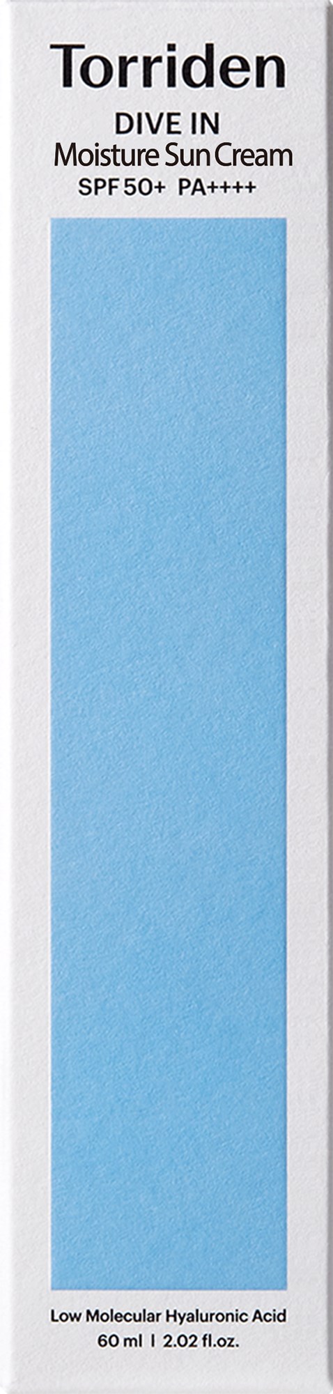 En hvit pakke med blå etikett for Torriden Dive In Moisture SunCream, SPF 50+, PA++++.