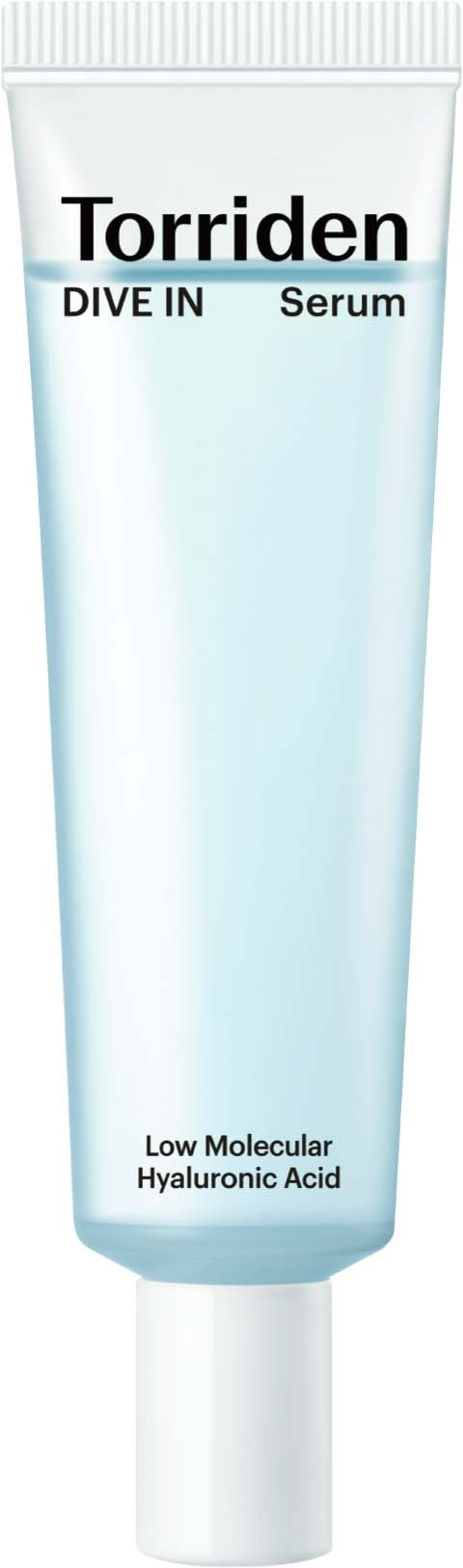 A tube of Torriden Dive In Serum with hyaluronic acid, designed for skincare.