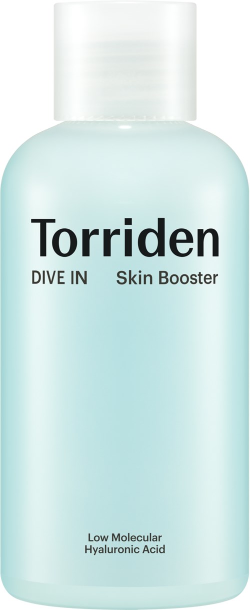 Eine hellblaue Flasche mit weißem Deckel, beschriftet mit 'Torriden DIVE IN Skin Booster' und 'Low Molecular Hyaluronic Acid.'