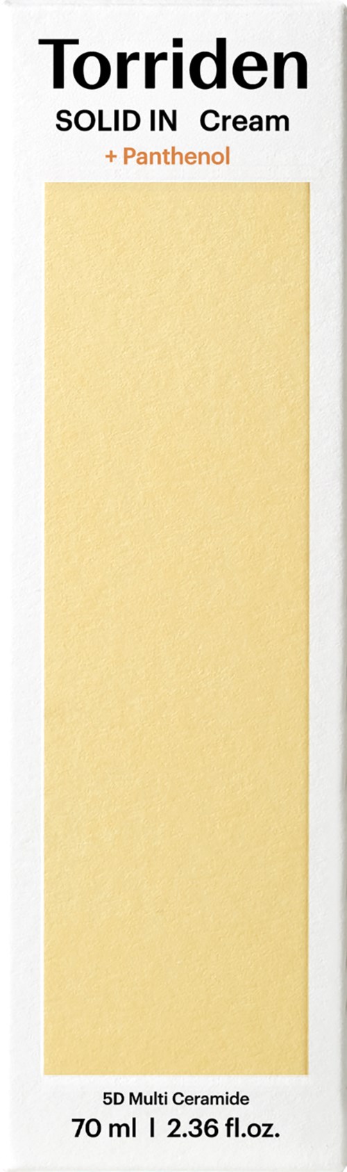 Verpackung für Torriden Creme mit gelber Behandlungsebene, weißem Hintergrund, schwarzem und orangem Text und vertikalem Design.