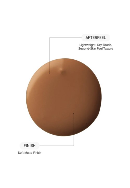 Diagram av en makeupprodukt som visar efterkänsla och finish somtexturer på ett runt behållare.