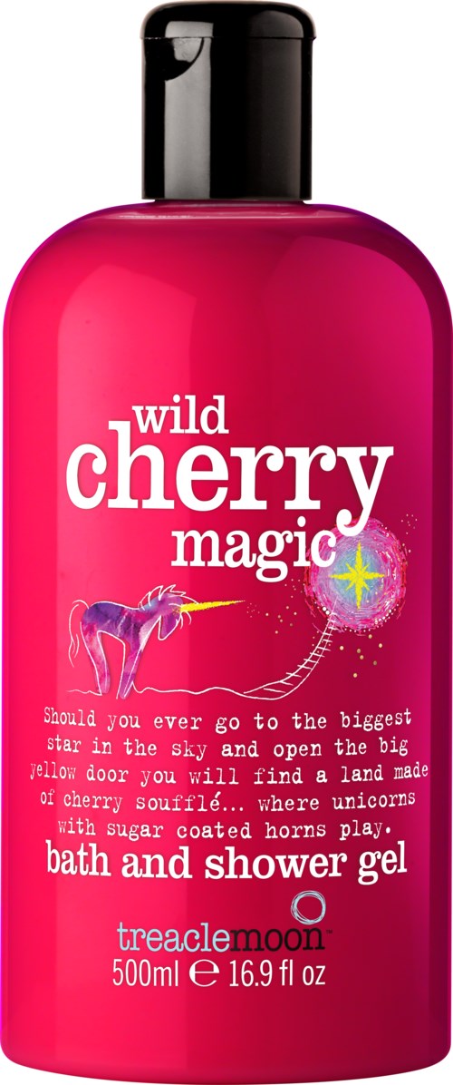 En rosa flaske med dusjsåpe kalt 'Wild Cherry Magic' har en enhjørningsillustrasjon og magiske elementer.