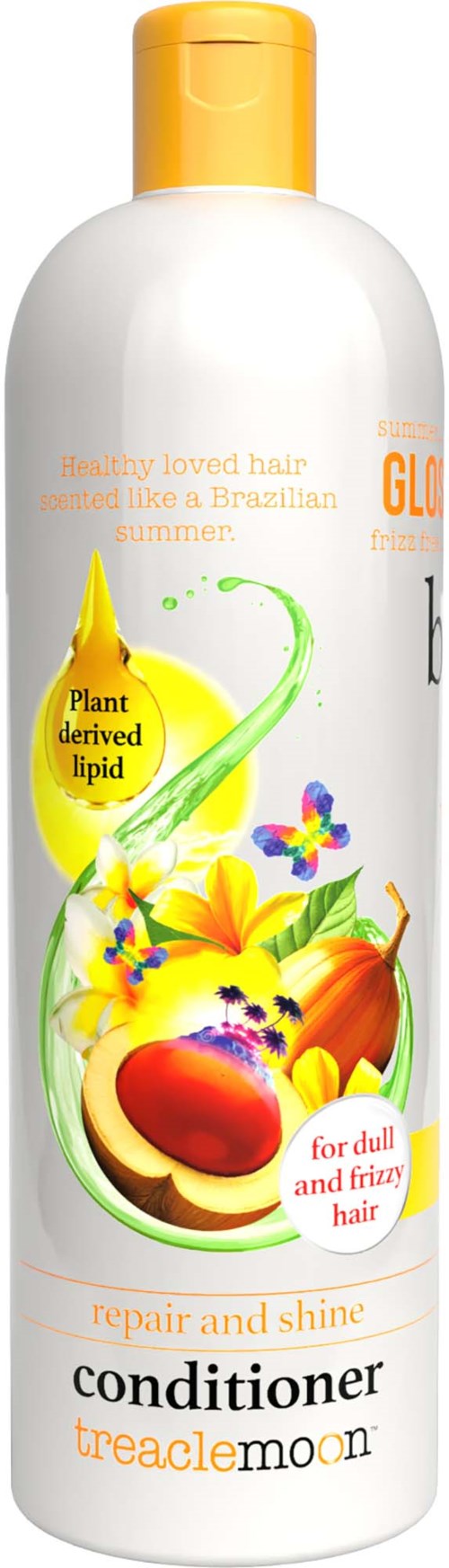 Balsamsflaska med gul och orange lock, äpple, pumpa och blomsterillustrationer, samt text om hårvård.