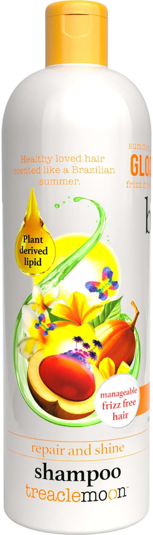Shampoofles met gele deksel, met afbeeldingen van fruit en groene plantonderdelen, aangeduid als herstel en glans.