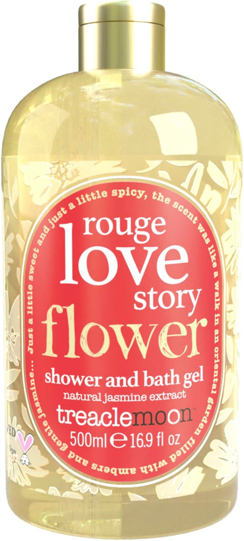 En gennemsigtig flaske med gult skær, rosa og hvid etikette, indeholder shower- og badgel med jasmin duft.
