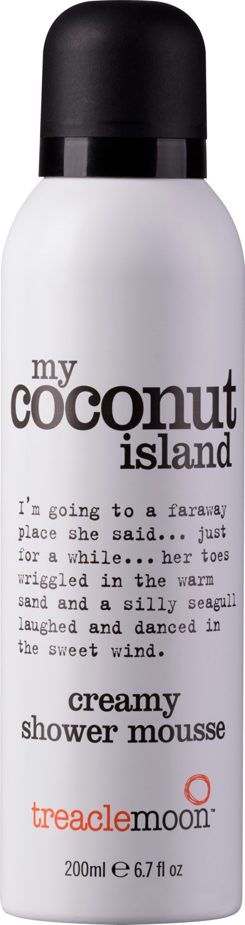 En hvit flaske med svart kork merket 'my coconut island' og 'treacle moon' med kremaktig dusjskum.