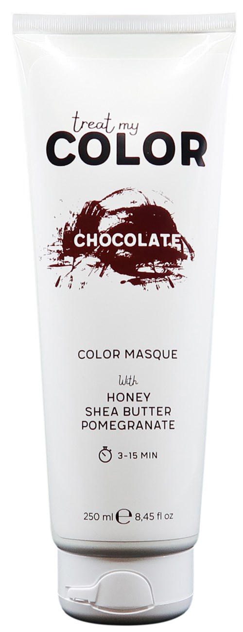 White tube of hair mask with chocolate splash design, labels for honey, shea butter, and pomegranate, 250ml.