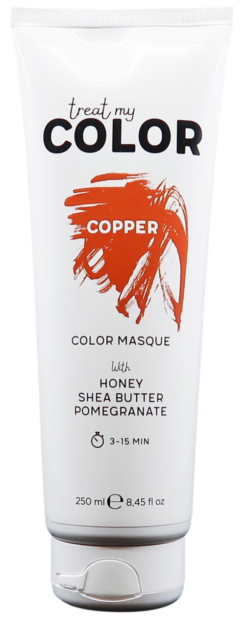A white tube labeled 'treat my COLOR' with orange and black text, containing hair mask with honey, shea butter, pomegranate.