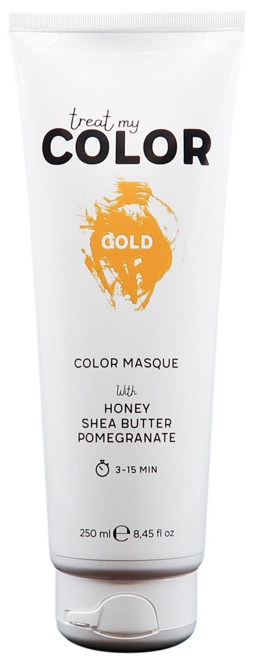 A white tube of hair color mask with orange and black text, showing ingredients like honey, shea butter, and pomegranate.