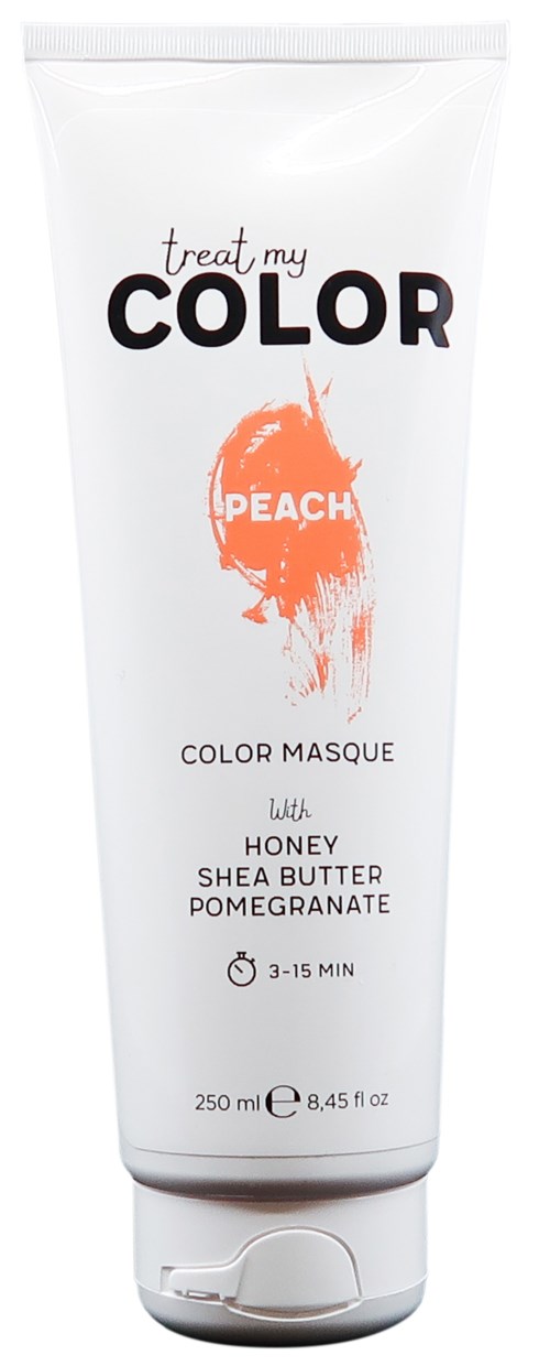 White tube labeled 'treat my COLOR PEACH' with orange peach illustration. Contains hair mask with honey, shea butter, pomegranate. 3-15 min.