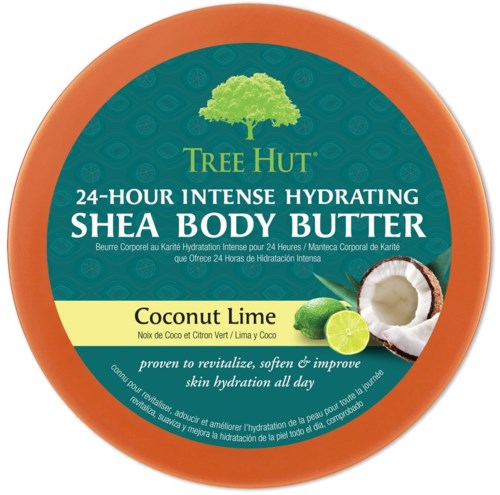 A round container of Tree Hut Shea Body Butter with coconut, lime, and a green lid. It promotes skin hydration all day.