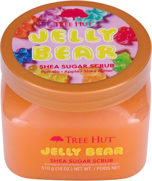 Jelly Bear shea sokerikuoripurkki värikkäällä etiketillä ja oranssilla säiliöllä.