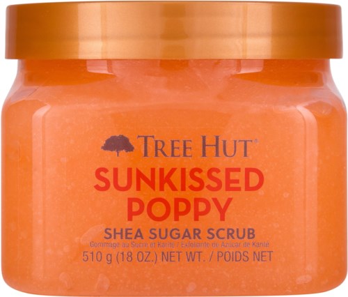 Vaaleanoranssinen purkki Tree Hut Sunkissed Poppy shea sokerikuorinta.