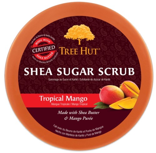 En rund beholder med bilde av mango, merket Shea Sugar Scrub med sheasmør og mangoduft.