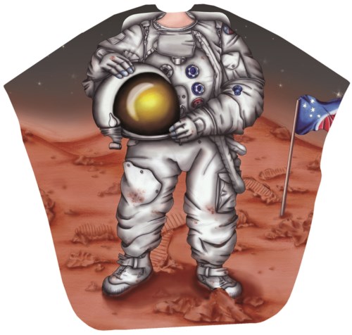 En astronaut i romdrakt holder i en hjelm på en rød planet med en flagg i bakgrunnen.