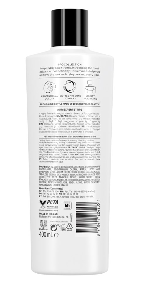White bottle with black cap, contains hair product, with text and symbols on the back.