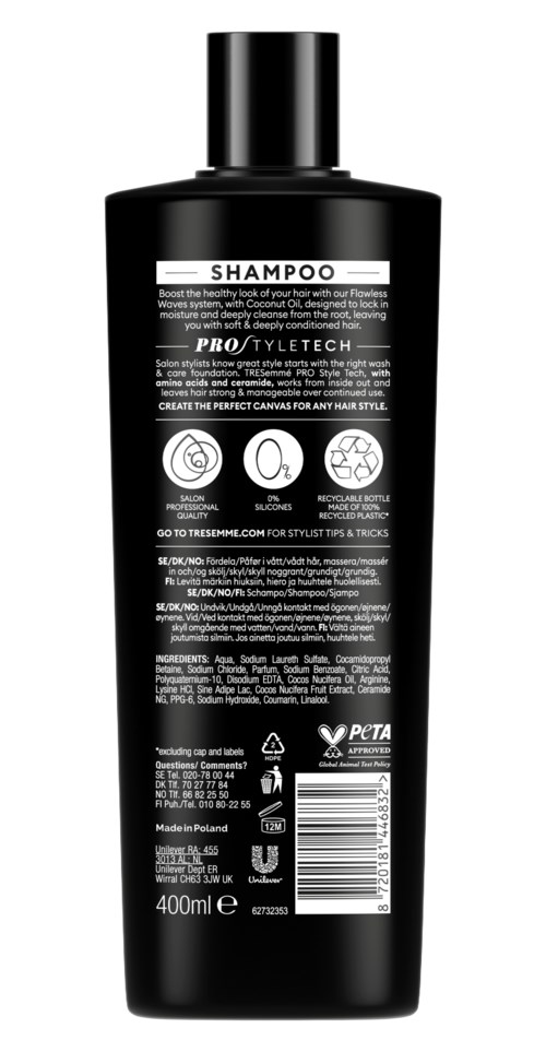 Black shampoo bottle with text and icons, 400ml size, made in Poland.