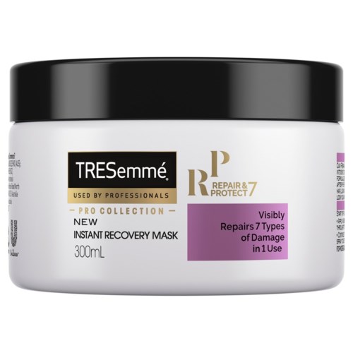 En vit burk med svart lock, märkt som TRESemmé Repair & Protect 7 Instant Recovery Mask.