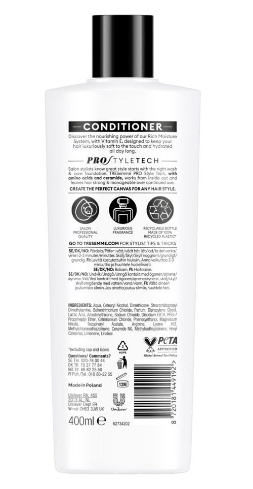 A white bottle of conditioner with black cap, labeled 'CONDITIONER' and 'PRO styLtech,' with instructions and symbols on back.