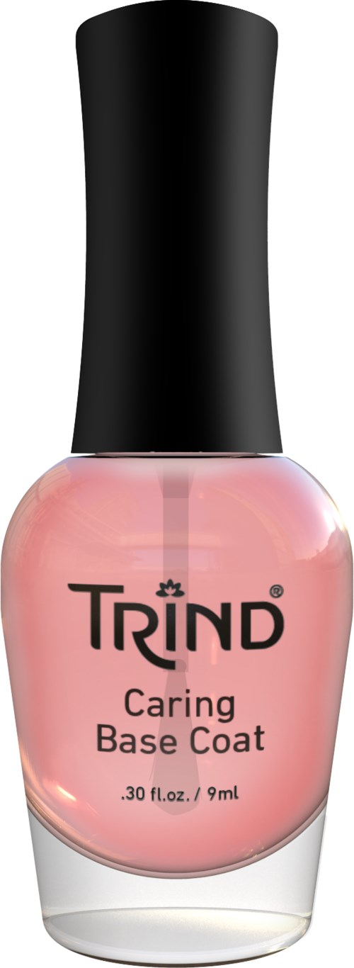 Roze nagellakfles met zwarte dop, gelabeld 'TRIND Caring Base Coat'.