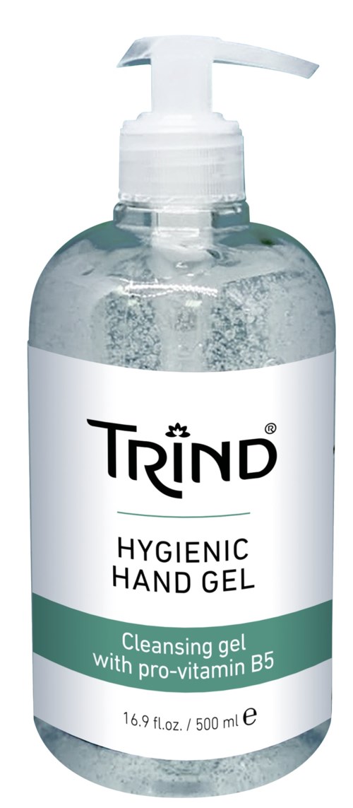 Een doorzichtige fles met pomp bevat Trind hygiënische handgel, gelabeld als reinigingsgel met pro-vitamine B5, 500 ml.