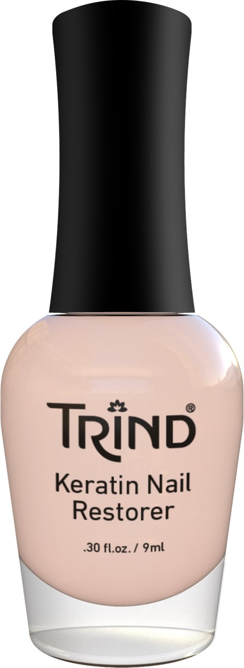 En flaska med Trind Keratin Nail Restorer med svart kork och beige nagelproduktmärke.