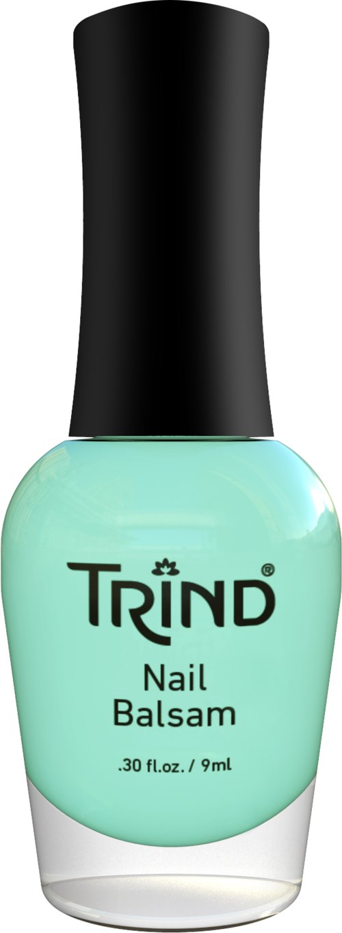 Een lichtgroene nagellakfles met zwarte dop, gemarkeerd 'TRIND Nail Balsam'.