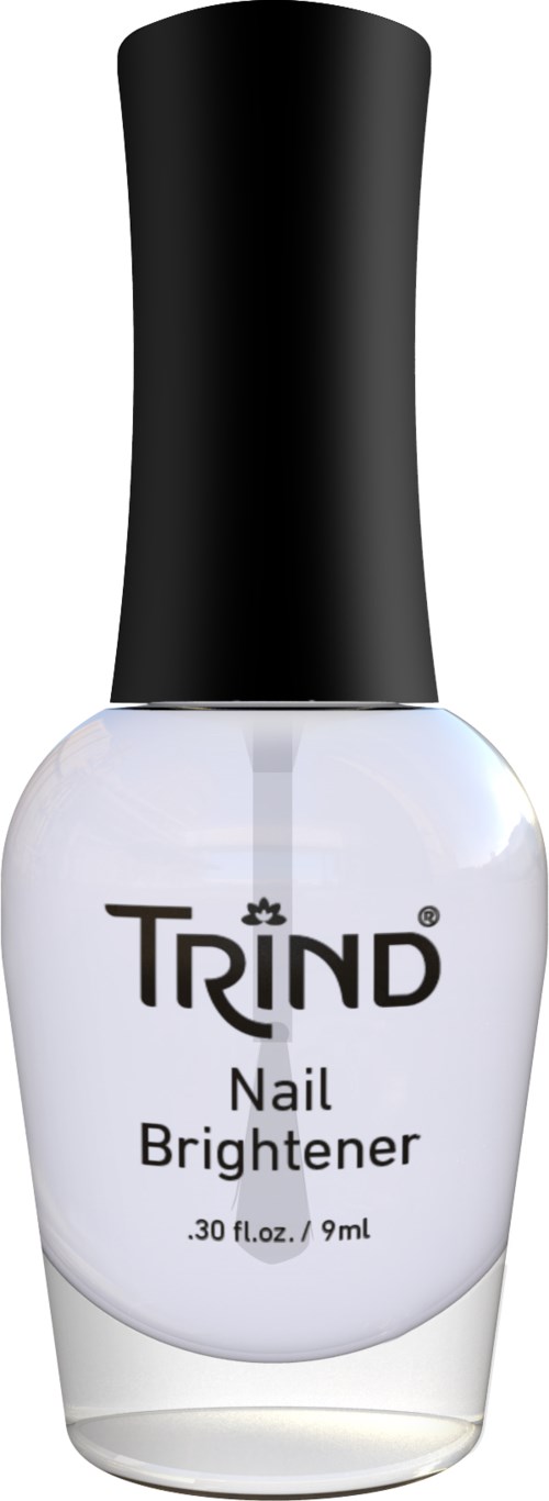 Een kleine fles met witte nagelverlichter met een zwarte dop, gelabeld 'TRIND Nail Brightener' en maatgegevens.