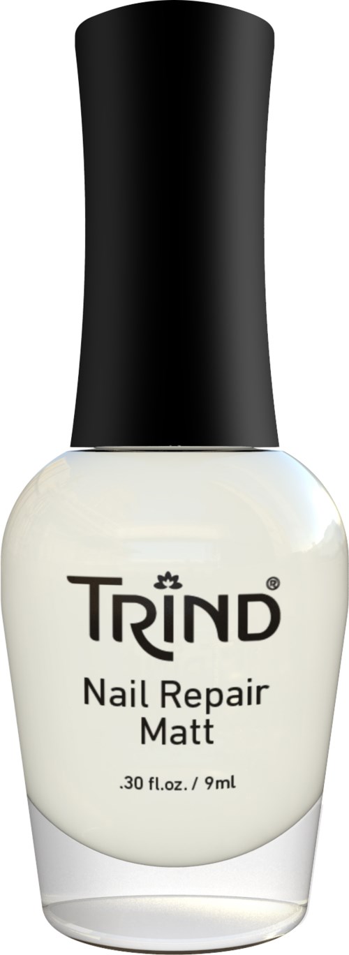 Een flesje Trind Nail Repair Matt nagellak, wit met zwarte dop, 9 ml.