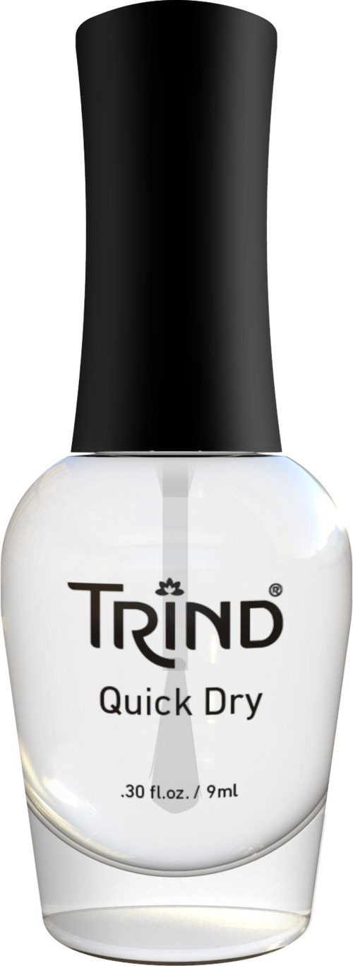 En vit nagellacksflaska med svart lock märkt 'Trind Quick Dry'.