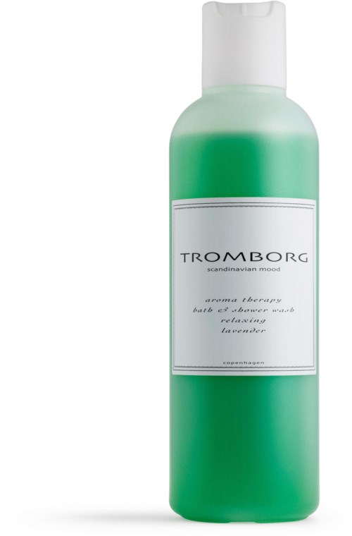 En grön och vit flaska med vitt lock, märkt 'TROMBORG' och 'lavendel'.