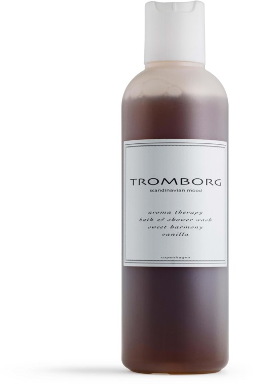 En flaske shower gel med hvid top og etikette, der siger 'Trombork' og 'vanilje' duft.