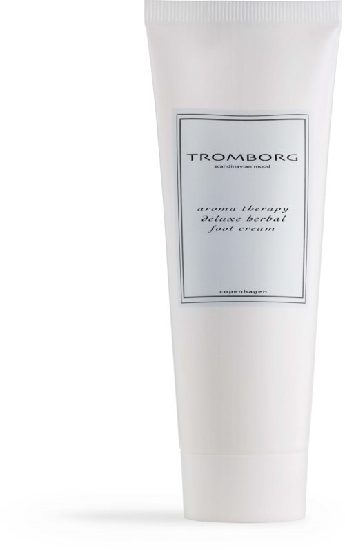 En vit tub märkt 'TROMBORG aroma therapy foot cream' med en minimalistisk design.