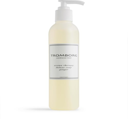 En hvid flaske med pumpe, mærket 'TROMBORG aroma therapy ginger soap.'