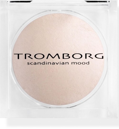 En compact med lys rosa blush og en klar etiket, der siger 'Tromborg Scandinavian Mood.'