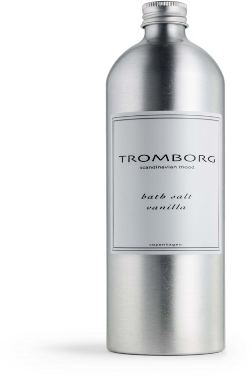 En sølvfarvet flaske med etiket der siger Tromborg, bade salt vanilje, og butik i København.