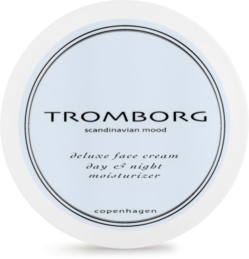 Billedet er en etiket til Tromborg skandinavisk stemning deluxe ansigtscreme, dag- og natcreme, fra København.