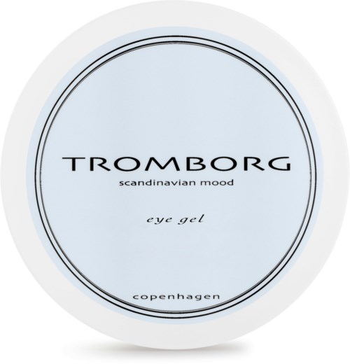 Produktetiket til Tromborg øjen gel med skandinavisk stemning, København. Lys blå baggrund og enkel tekst.