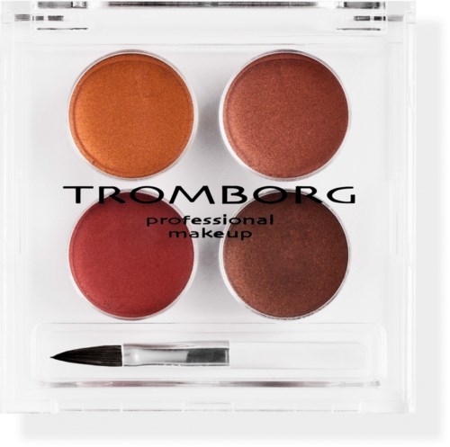 Fire runde makeup-pudder i nyanser fra lyst til mørkt, med en liten børste under. Merket er Tromborg.